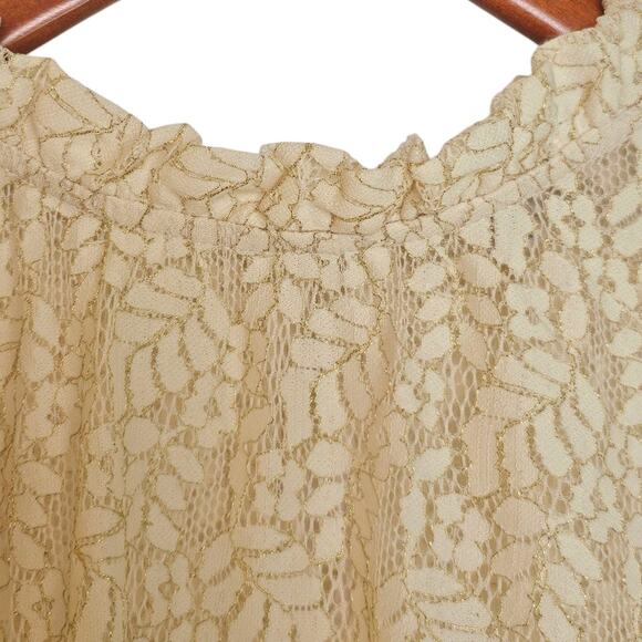 Loft Outlet by Ann Taylor Ivory & Gold Lace Long Sleeve  Blouse w/ Ruffle Collar - Picture 4 of 6